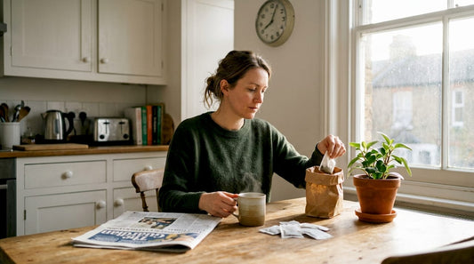 Woman disposing nicotine pouch at kitchen table