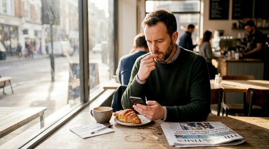 Man using nicotine pouch in café discreetly