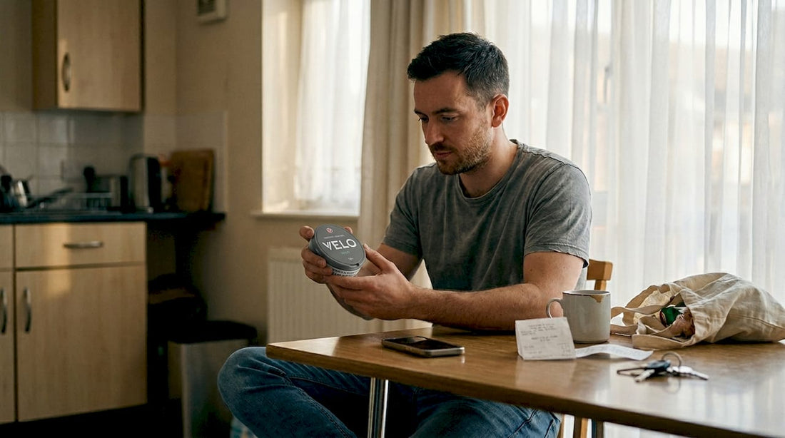 Man examines nicotine pouch can at kitchen table