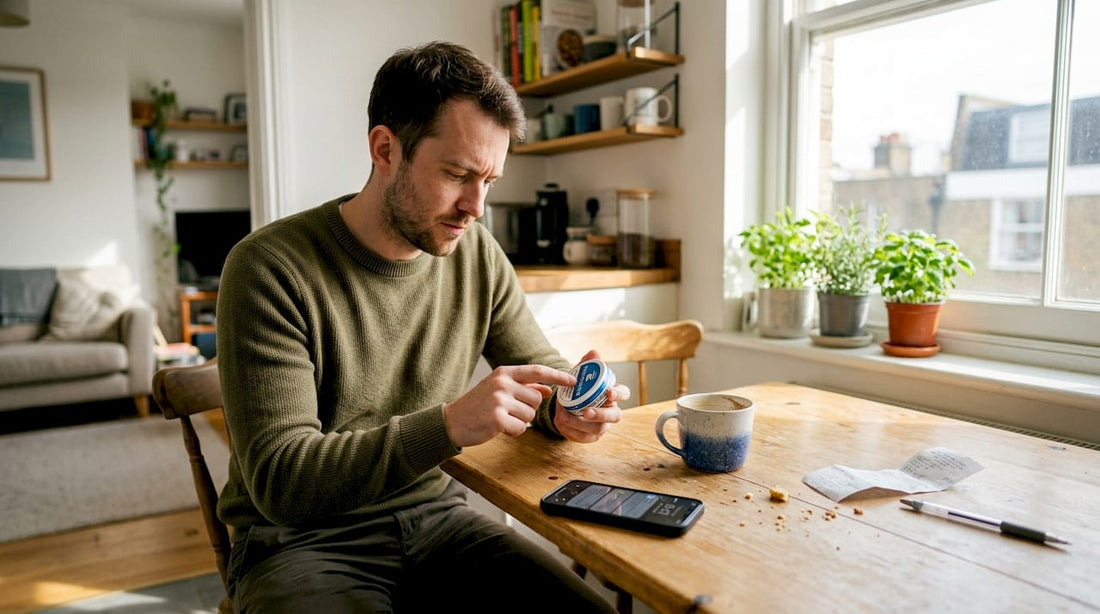 Man examines nicotine pouch can at kitchen table