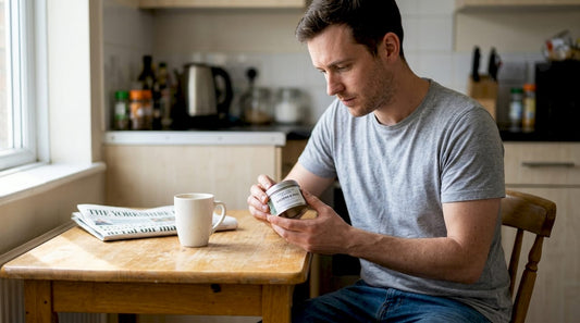 Man examining herbal pouches at kitchen table