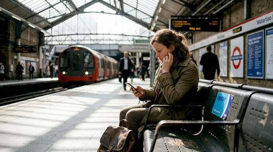 Commuter using nicotine pouch on train platform