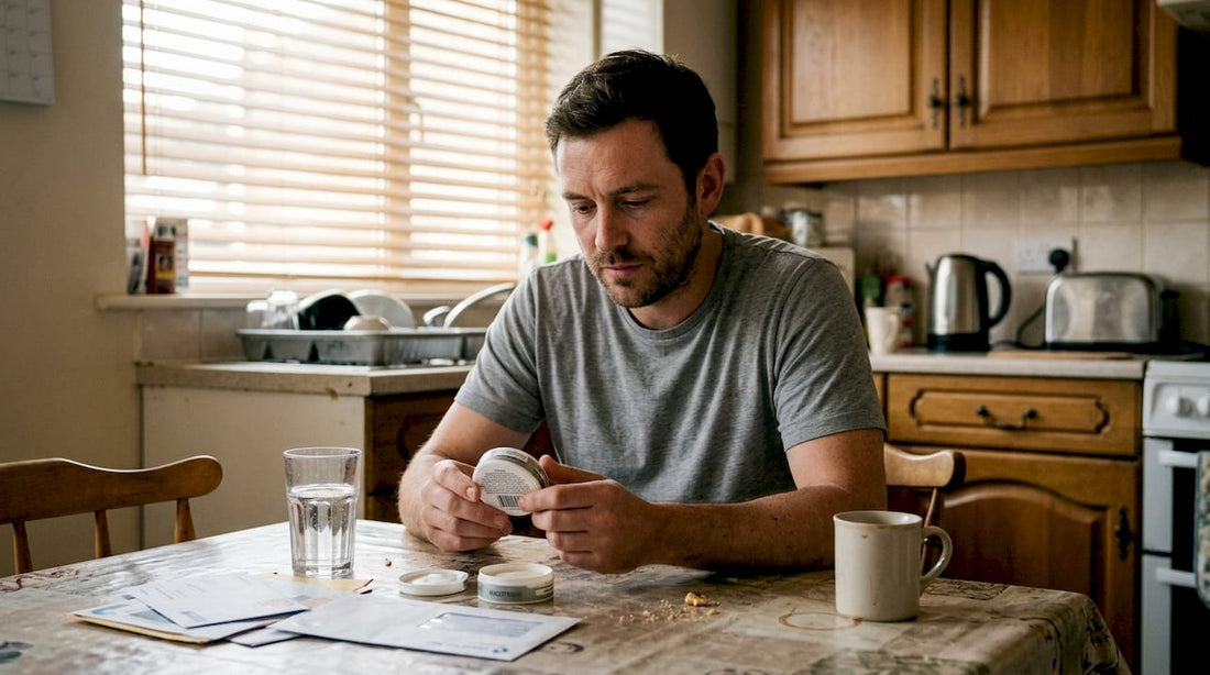 Man reading nicotine pouch tin at kitchen table