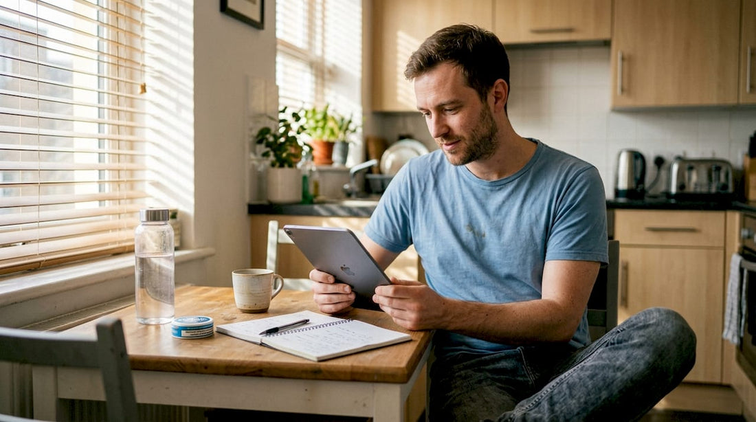 Man reading smokeless nicotine guide in kitchen
