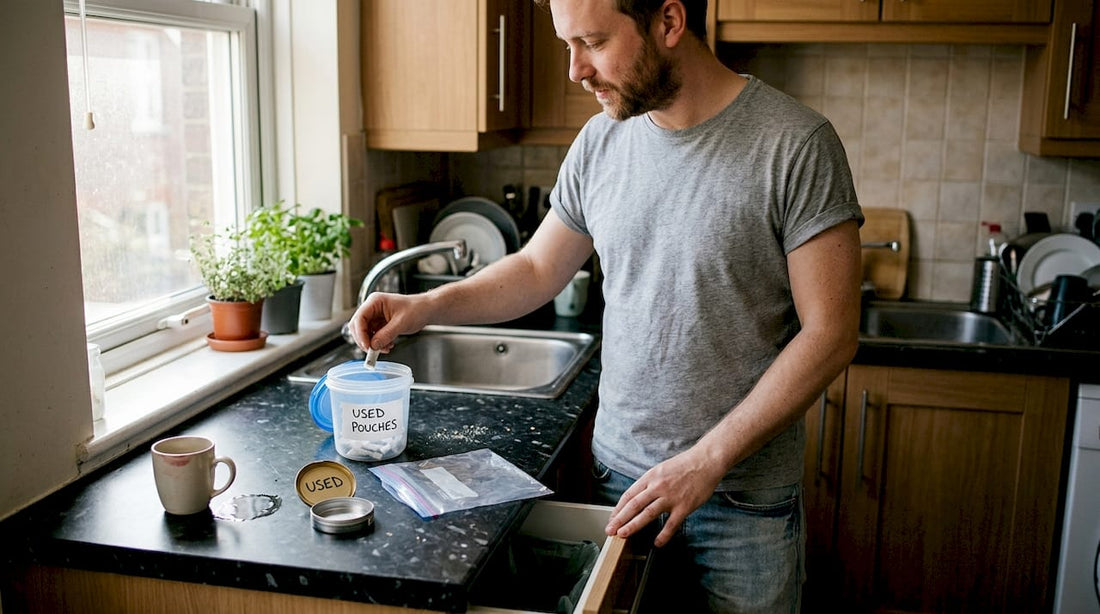 Person safely disposing used nicotine pouch