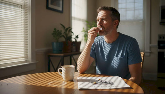 Adult using hybrid nicotine pouch at kitchen table