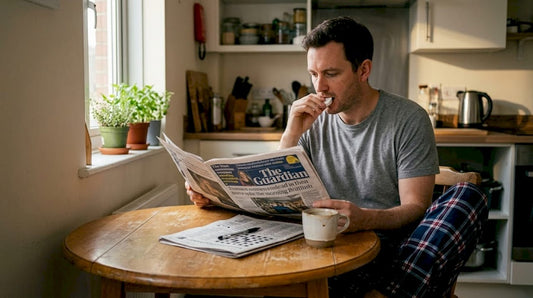 Man discretely using all-white nicotine pouch