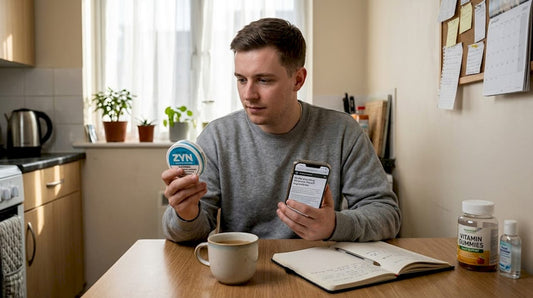 Man reading nicotine pouch label at home table