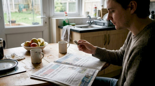 Person examining nicotine pouch wrapper at kitchen table