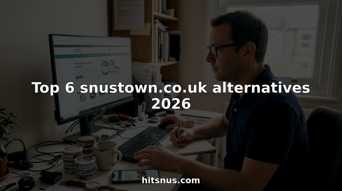 Man comparing nicotine pouch retailers at desk