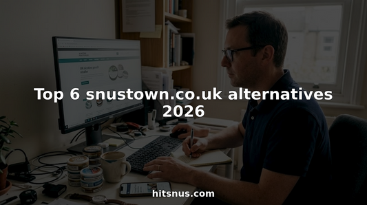 Man comparing nicotine pouch retailers at desk