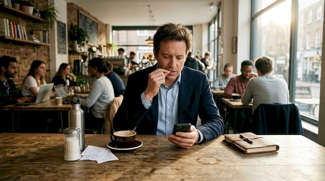 Man discreetly using micro pouch in café