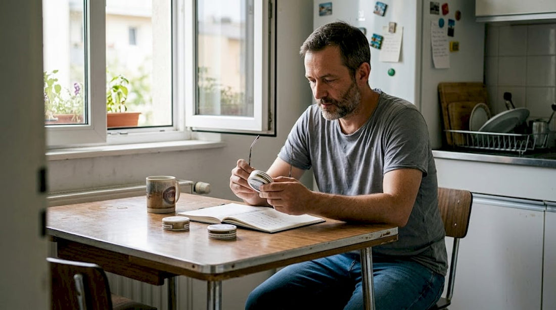 Man reading nicotine pouch label at home