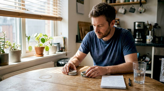 Man compares nicotine pouches at kitchen table