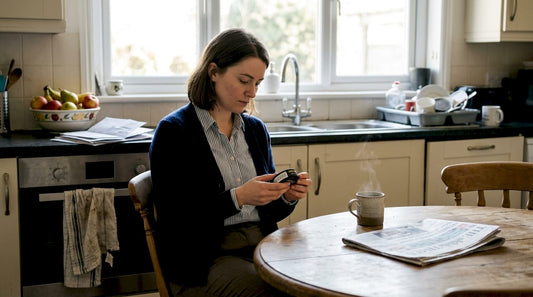 Woman reading nicotine pouch label in kitchen