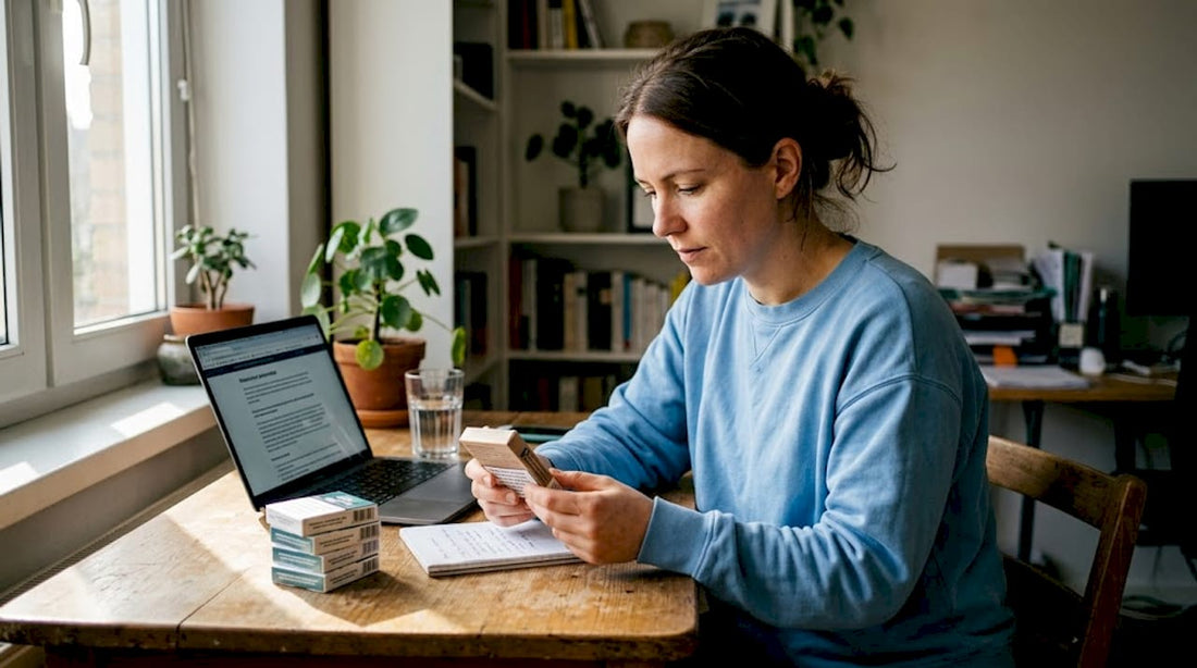 Woman choosing nicotine pouch at desk