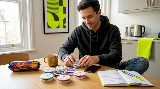 Man comparing VELO pouch flavours at home table