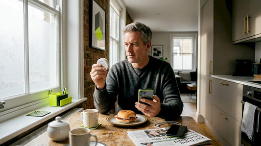 Man using soft nicotine pouch at home