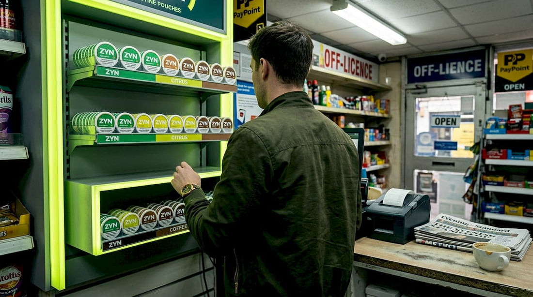 Examining ZYN pouches on shop shelf