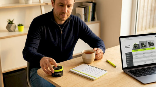 Man using nicotine pouch at tidy desk