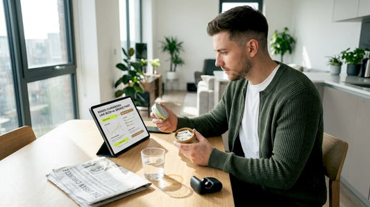 Man compares nicotine pouch formats at kitchen table