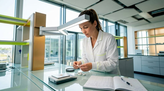 Lab technician inspecting nicotine pouch materials