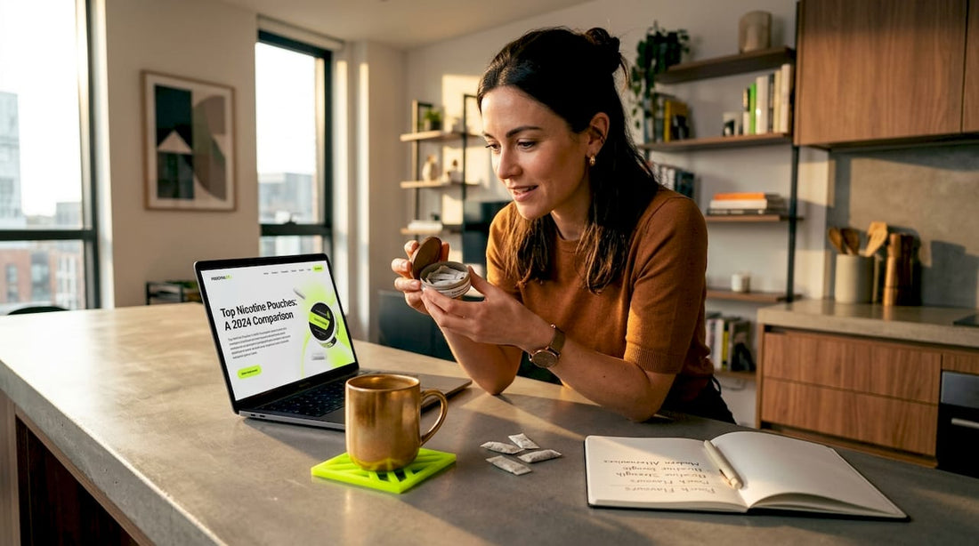 Woman reviewing nicotine pouches at table