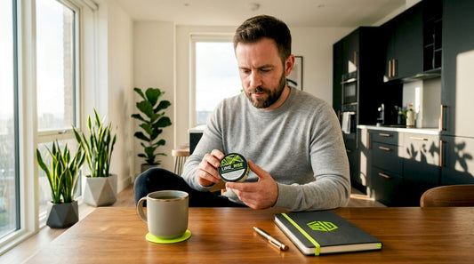 Man reading nicotine pouch instructions at kitchen table