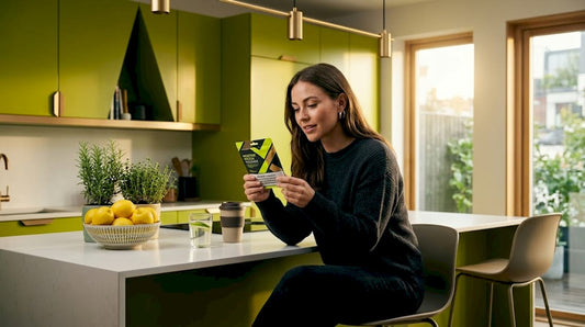 Woman reading nicotine pouch at kitchen island