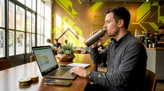 Professional using water bottle near nicotine pouches