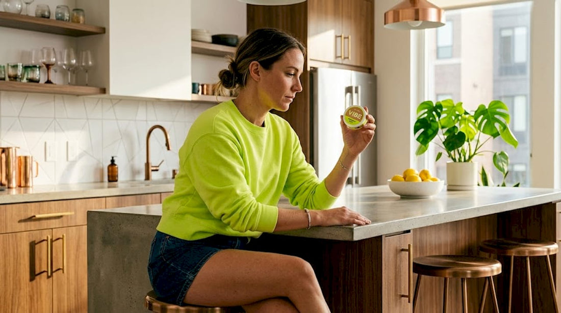 Woman reading nicotine pouch container label in kitchen