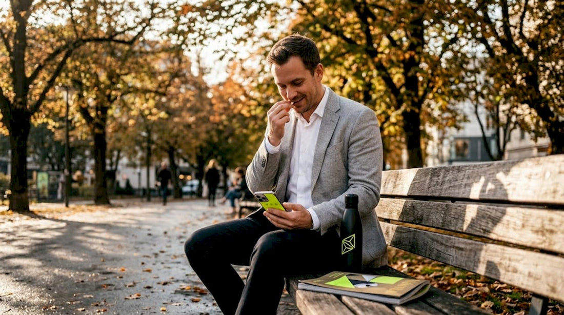 Man using nicotine pouch on a busy park bench