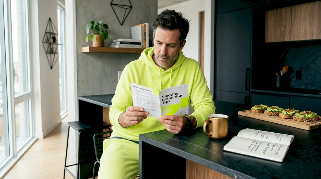 Man reading nicotine reduction guide at kitchen table