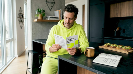 Man reading nicotine reduction guide at kitchen table