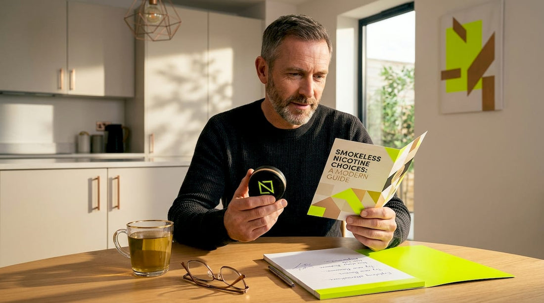 Adult smoker reviewing smokeless nicotine options