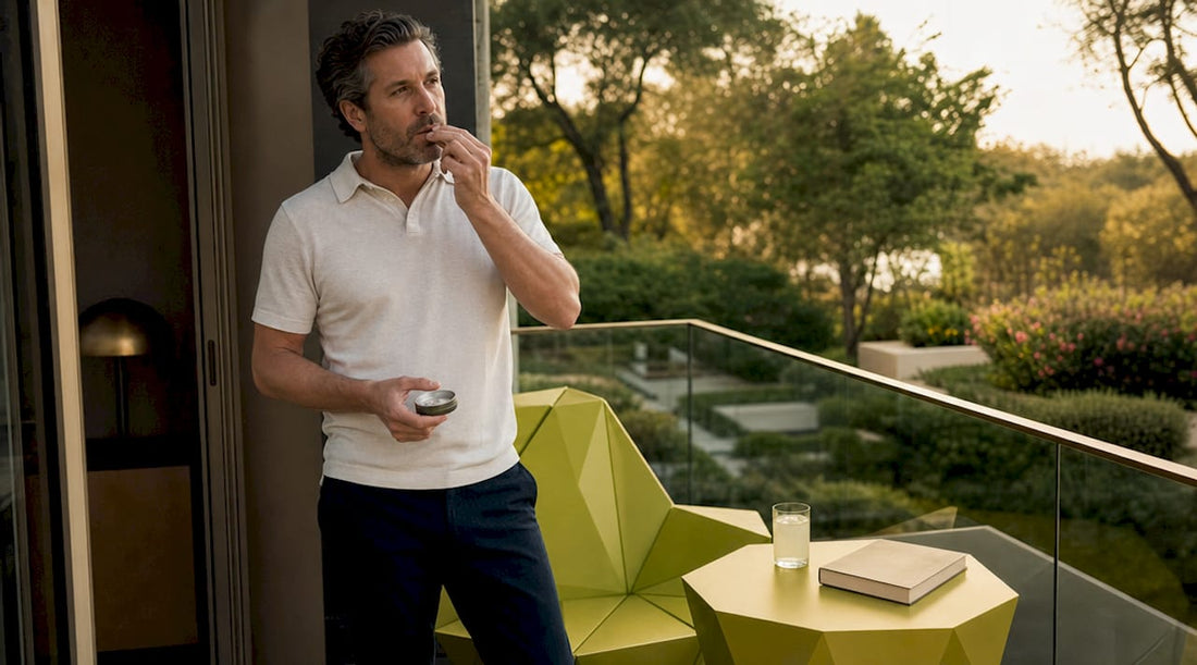 Man using nicotine pouch at home
