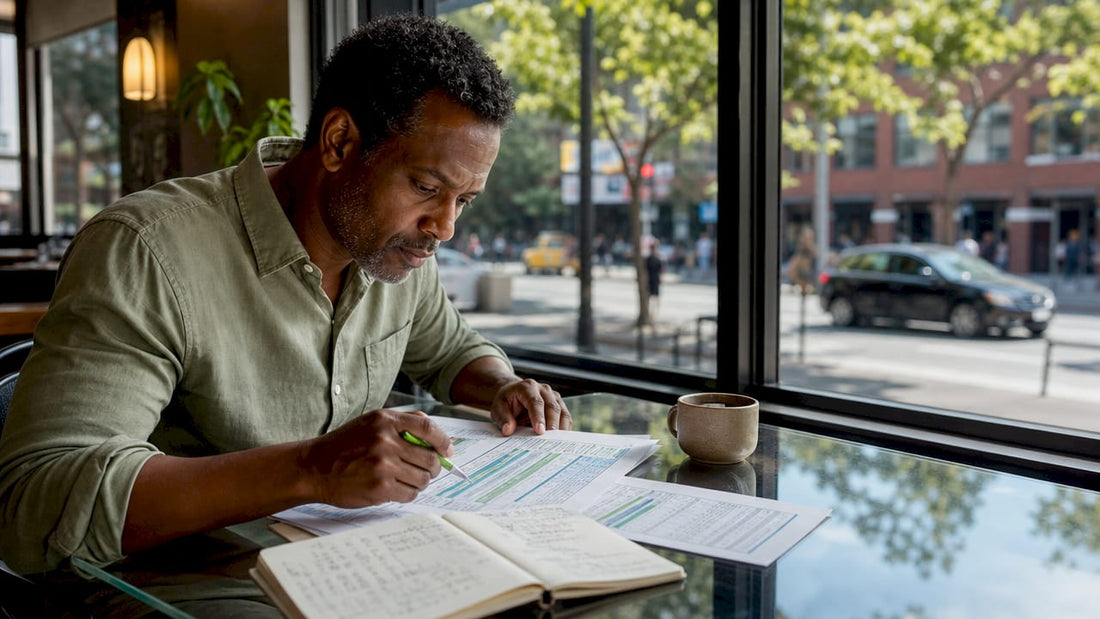 Man reviewing life insurance documents at desk