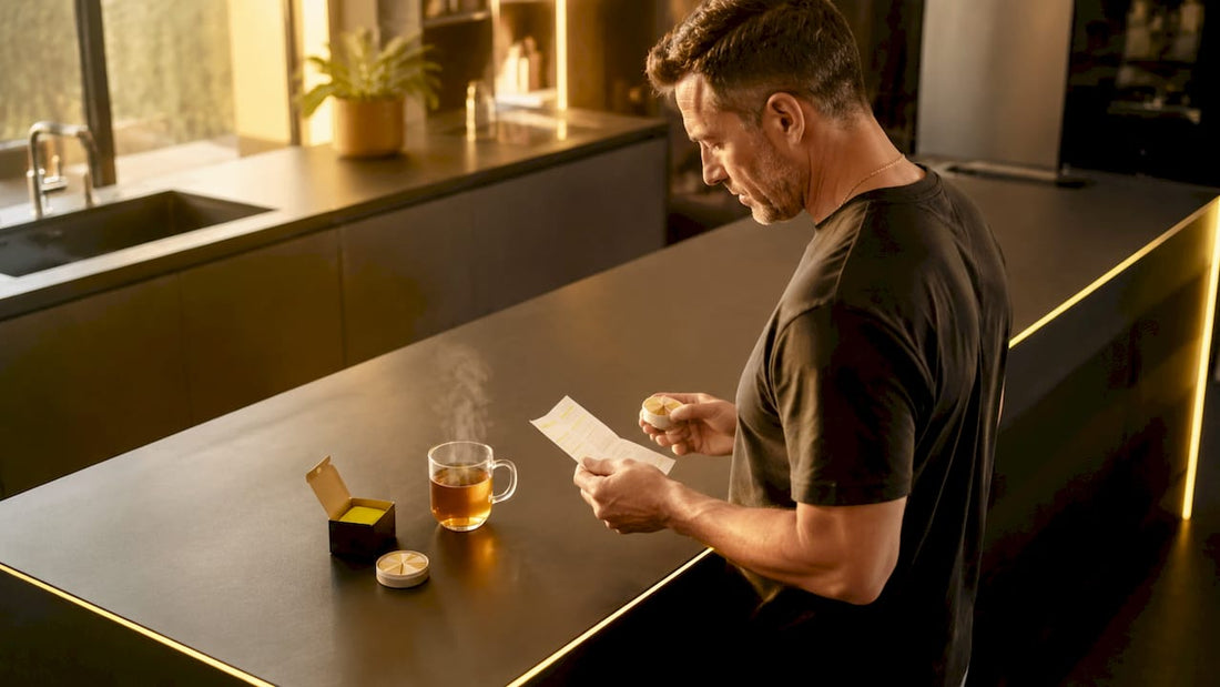 Man reviewing nicotine pouch information at kitchen table