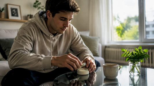 Man opening mint nicotine pouch tin in kitchen