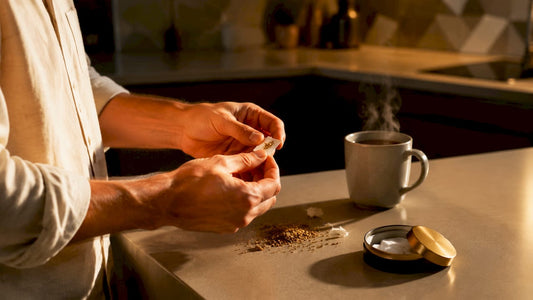 Hands holding torn nicotine pouch leaking contents