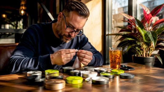 Reviewer comparing nicotine pouch brands at home table