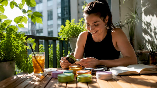Woman examining variety of nicotine pouches at kitchen table