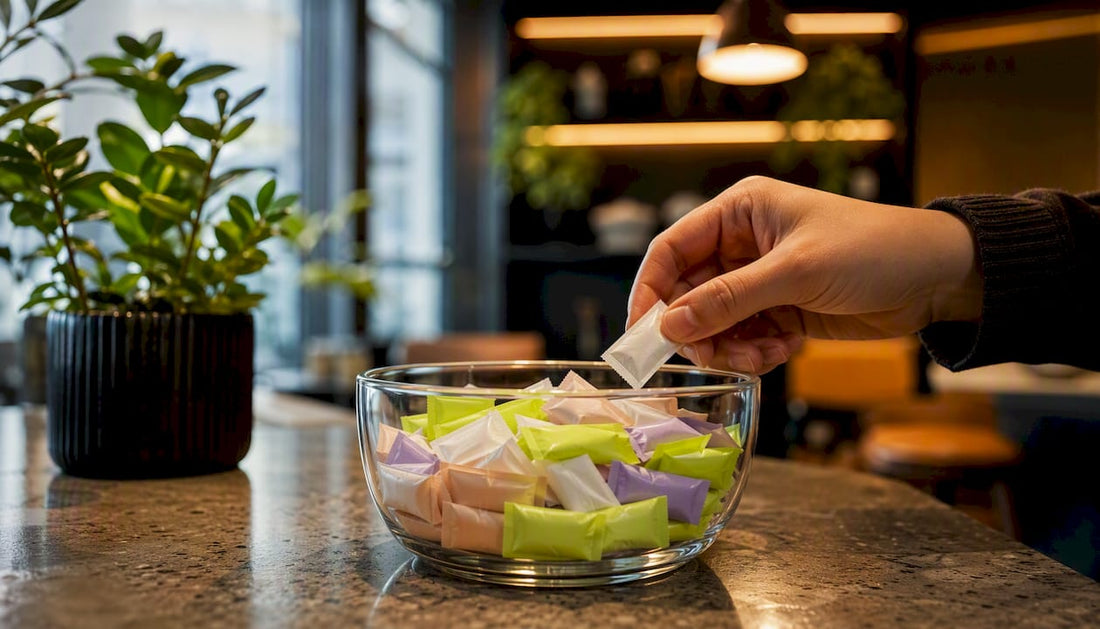 Close-up of nicotine pouches in bowl with hand