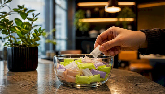 Close-up of nicotine pouches in bowl with hand