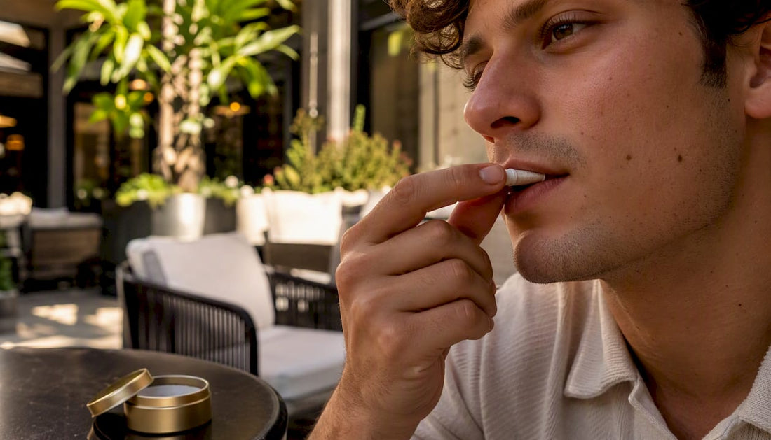 Hand placing nicotine pouch under lip