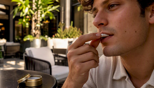 Hand placing nicotine pouch under lip