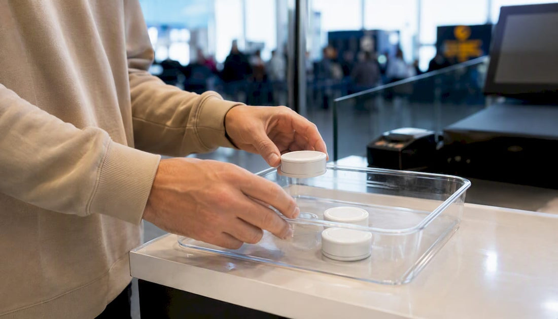 Hands placing nicotine pouch tins at customs checkpoint