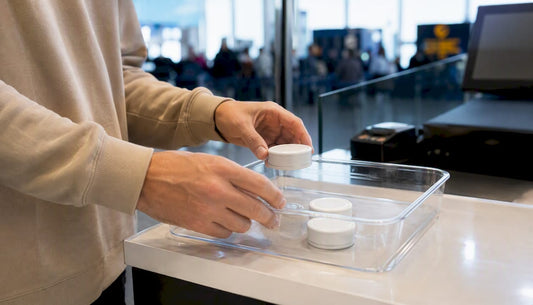 Hands placing nicotine pouch tins at customs checkpoint