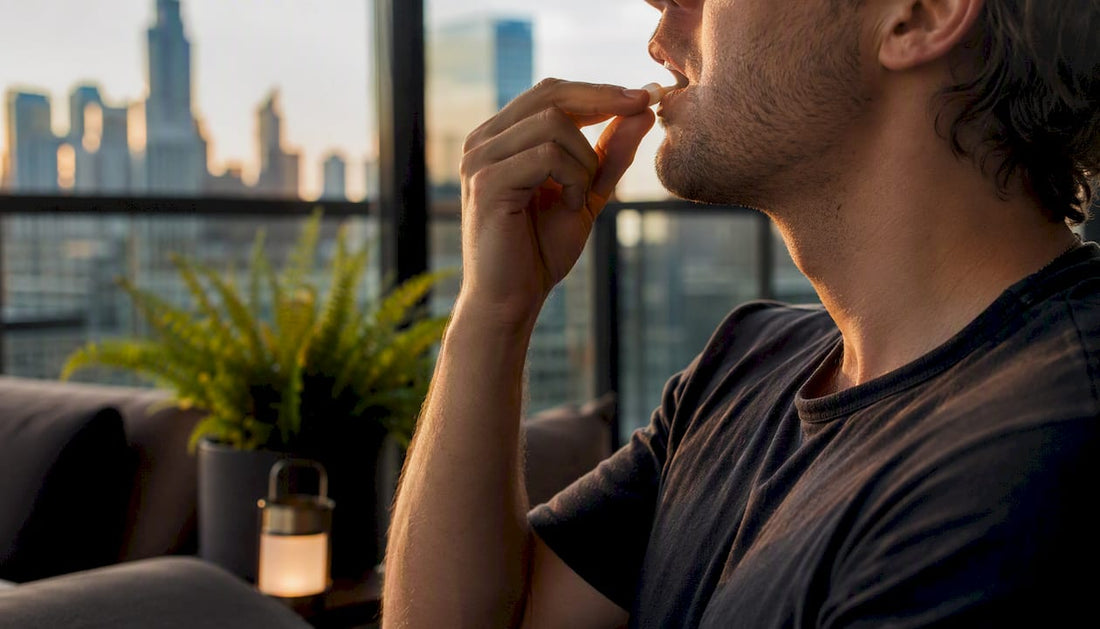 Hand placing nicotine pouch inside upper lip