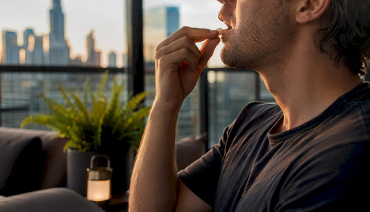 Hand placing nicotine pouch inside upper lip